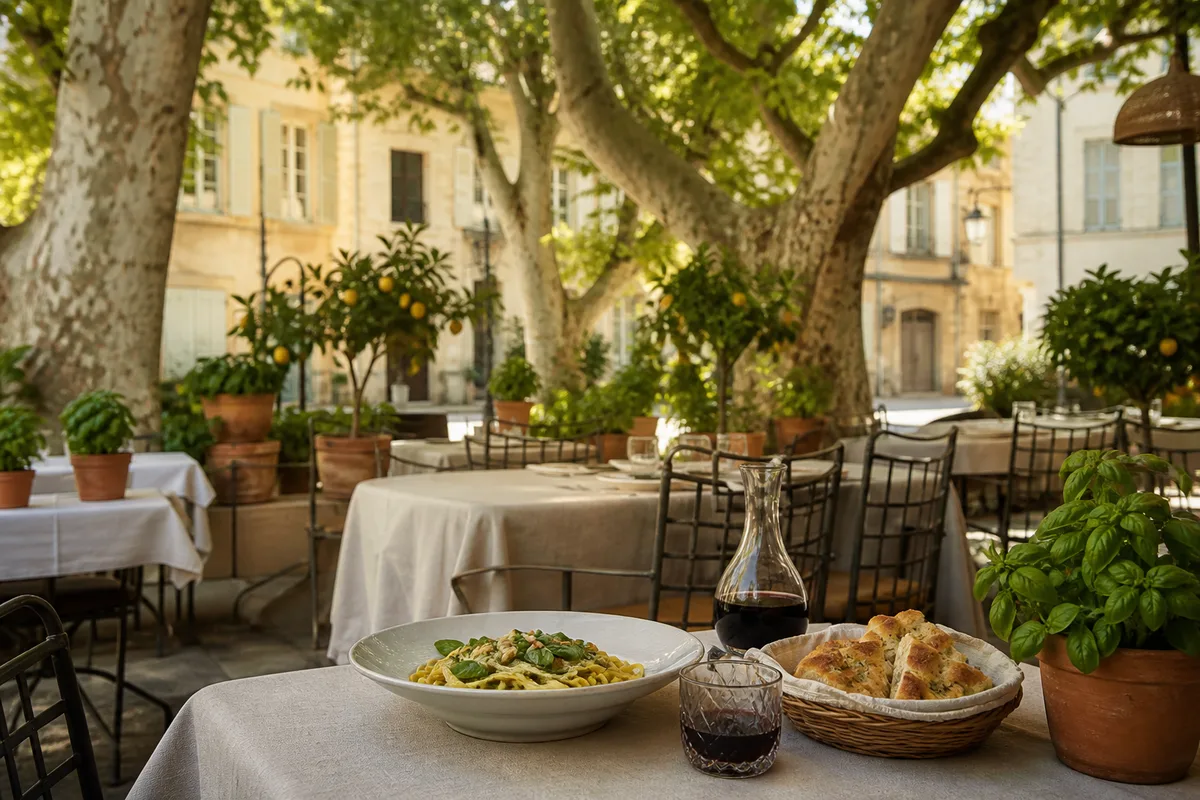 Terrasse italienne à table nappée sous les platanes d'Avignon, arcade de pierre et assiette de pâtes fraîches
