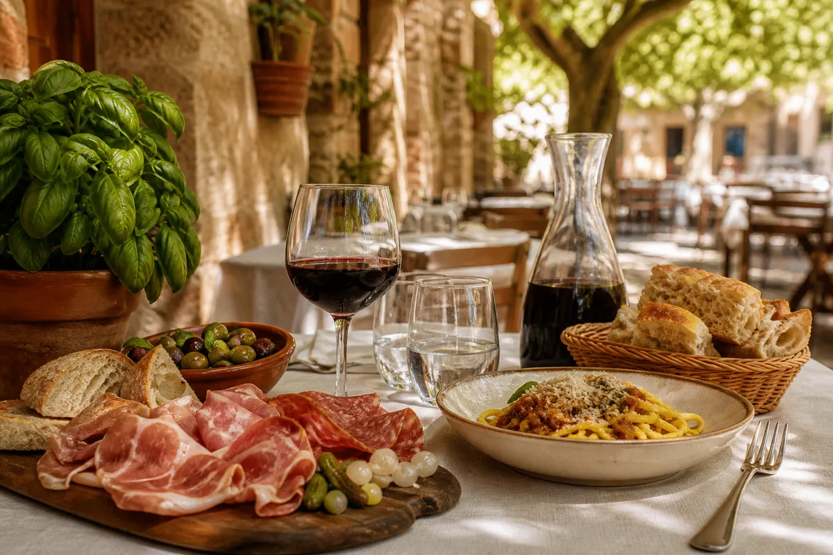 Table de restaurant avec planche d&rsquo;antipasti, charcuterie tranchée, olives et pain, verres remplis