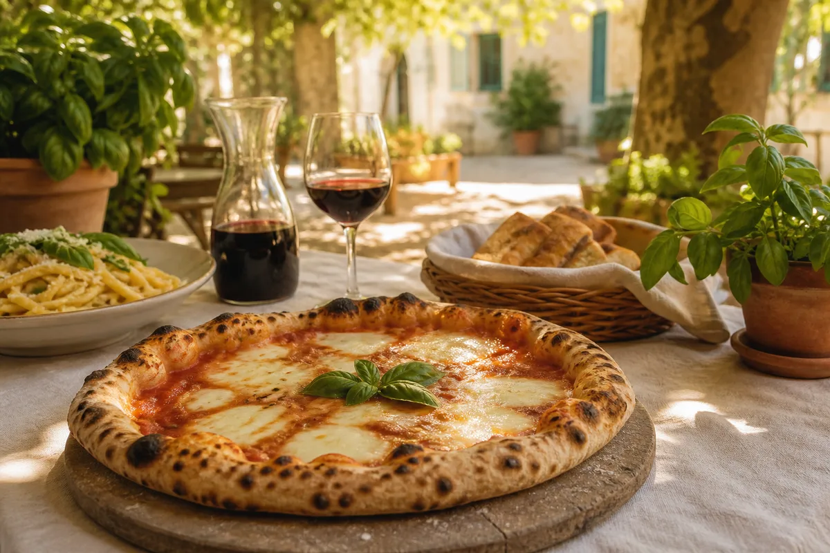 Pizza margherita sortie du four, bord gonflé et taché de brun, basilic frais posé au centre