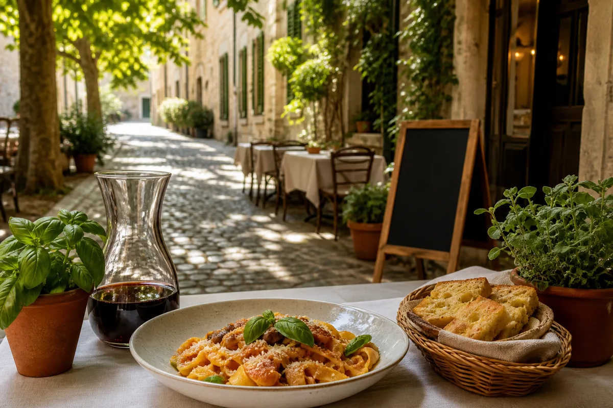 Devanture d’une trattoria dans une ruelle pavée du centre historique d’Avignon, ardoise du jour posée sur le trottoir