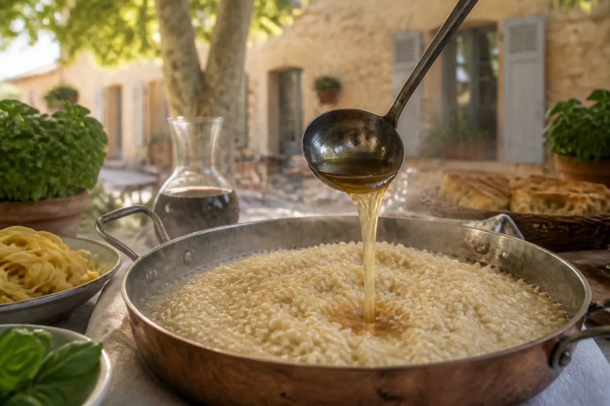 Casserole large de risotto en cours de cuisson, louche de bouillon versée sur le riz nacré
