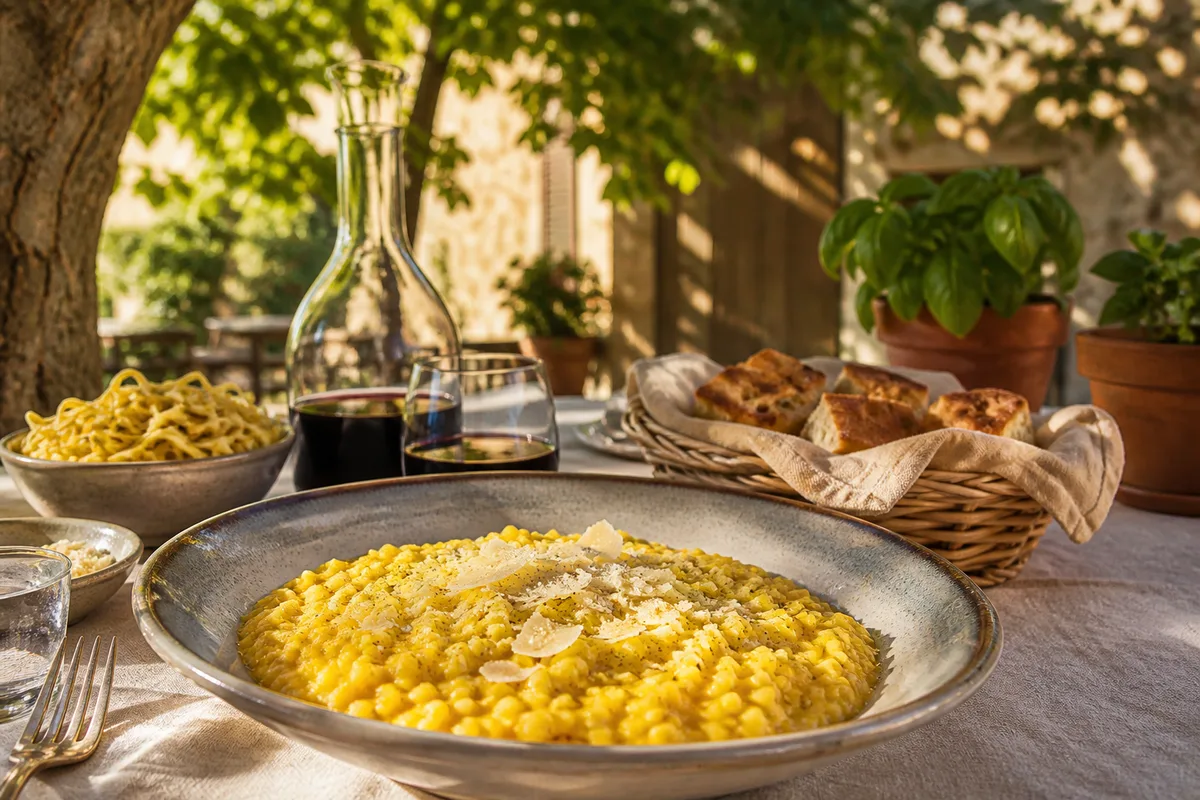 Assiette creuse de risotto jaune safrané, copeaux de fromage et poivre noir moulu