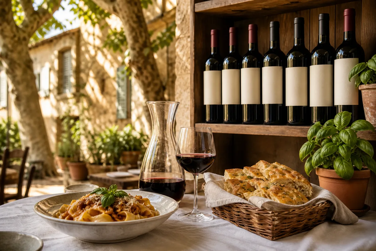 Bouteilles de vin italien alignées sur une étagère de cave, étiquettes tournées vers l’avant