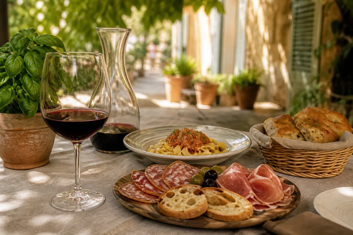 Verre de vin rouge posé près d’une assiette de charcuterie et de pain, lumière chaude de fin de repas